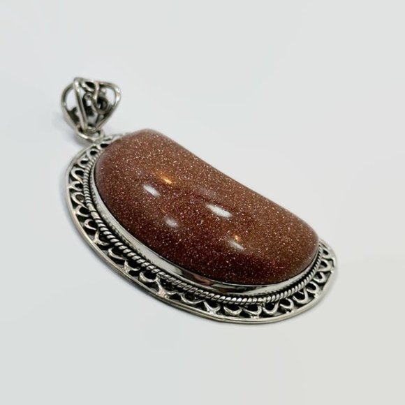 Moon Pendant, Goldstone Pendant, Sterling Silver, Crescent Moon, 2 1/3" Long - Picture 3 of 5